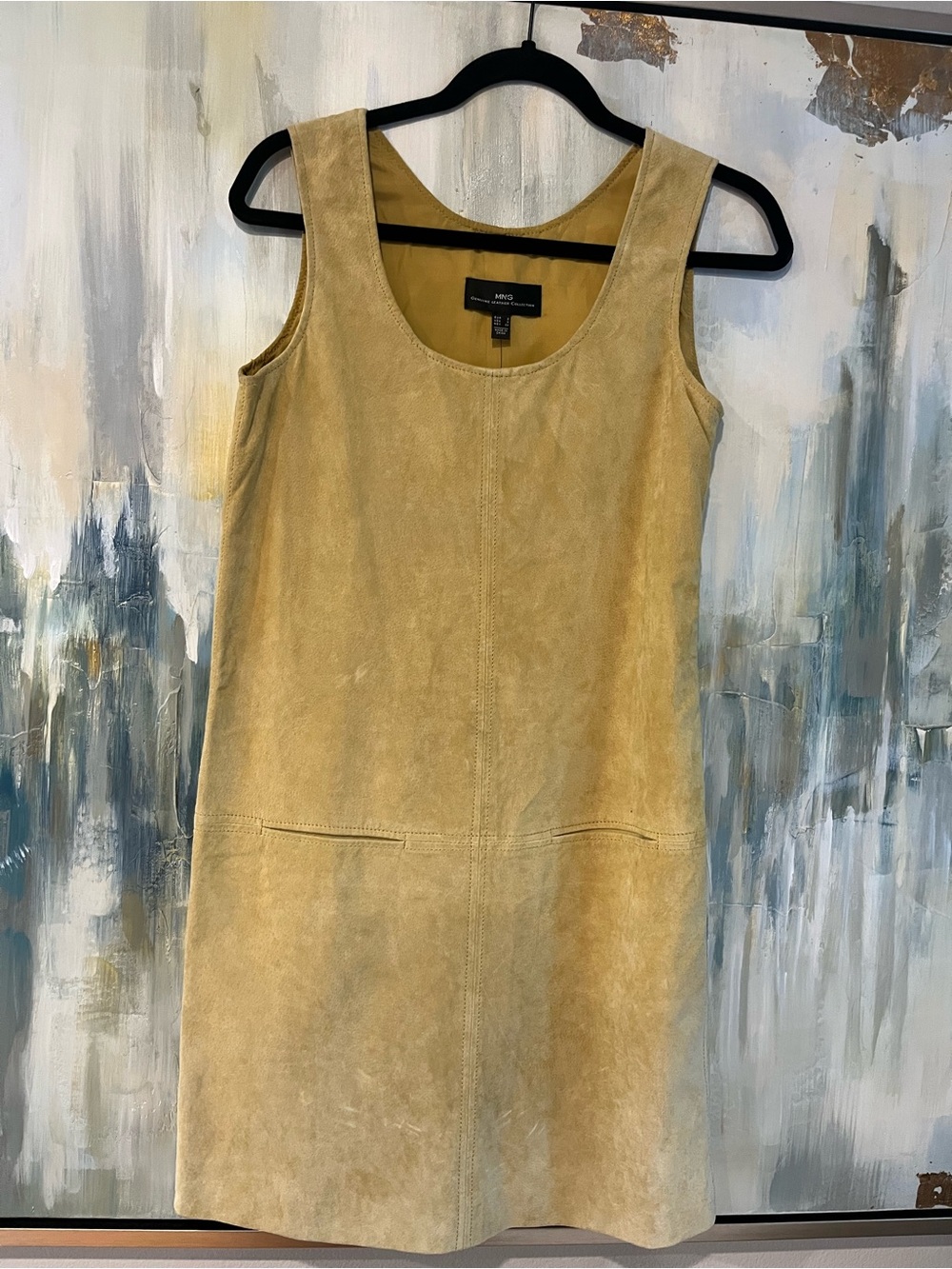 MNG Genuine Leather Suede Mustard Yellow Shift Dress Size 4 NWT